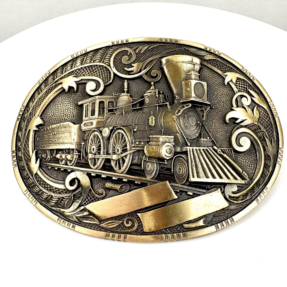 Vintage 1980s ADM Solid Brass Steam Locomotive Train Western Belt Buckle